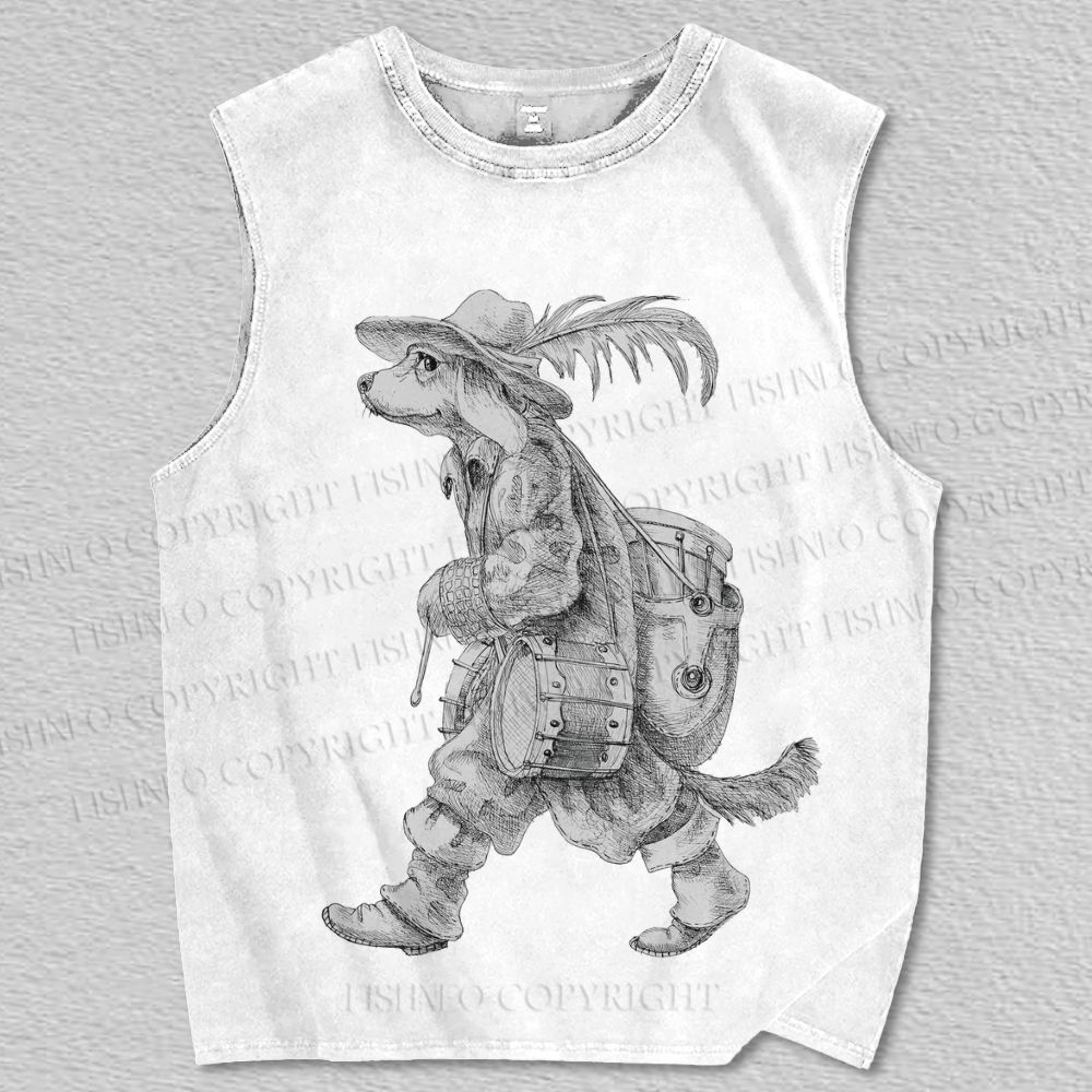 Unisex Retro Sketch Drummer Dog Printed Tank Top