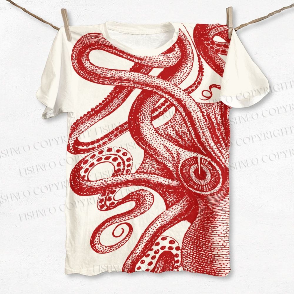 Unisex Vintage Octopus Printed Classic Cotton T-shirt