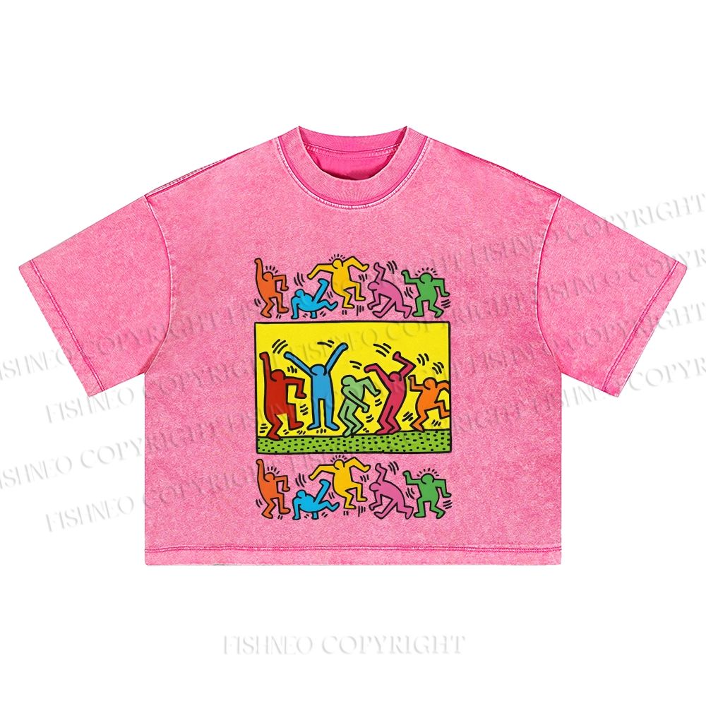 Keith Haring Dancing Figures Washed Cropped T-Shirt