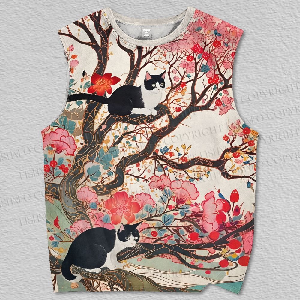 Unisex Cats in Flowers Vintage Printed Tank Top