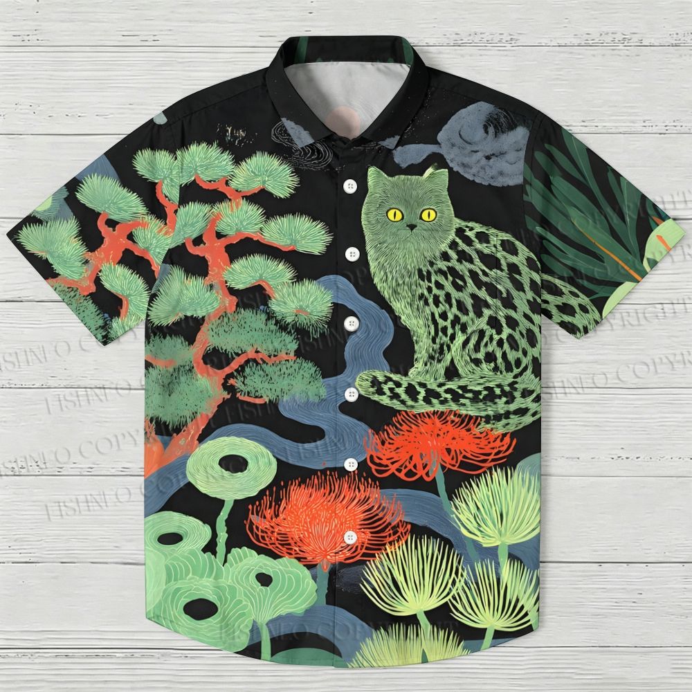Green Cat In Forest Hawaiian Shirt