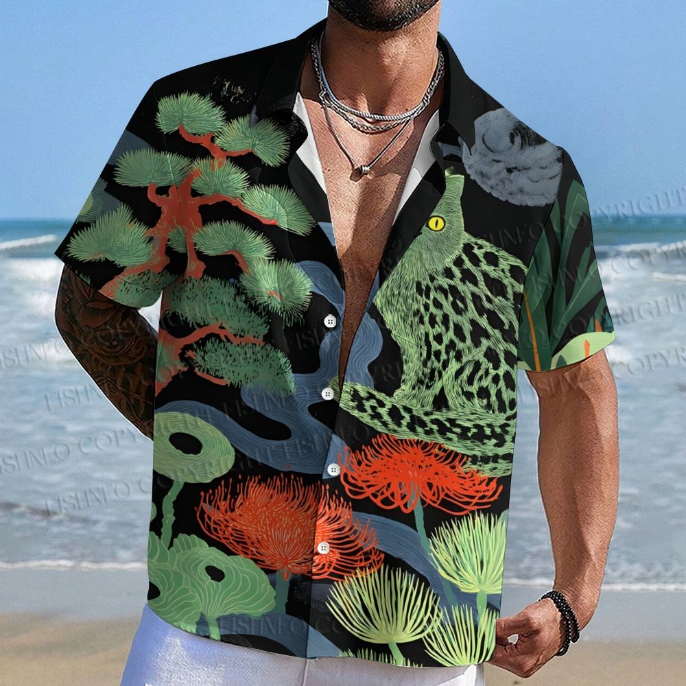 Green Cat In Forest Hawaiian Shirt