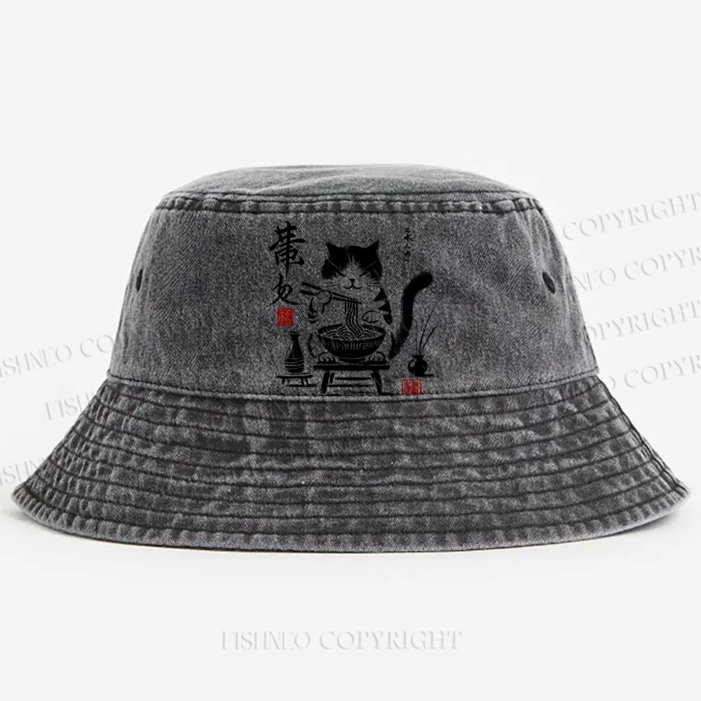 Ramen Cat Printed Washed Bucket Hat
