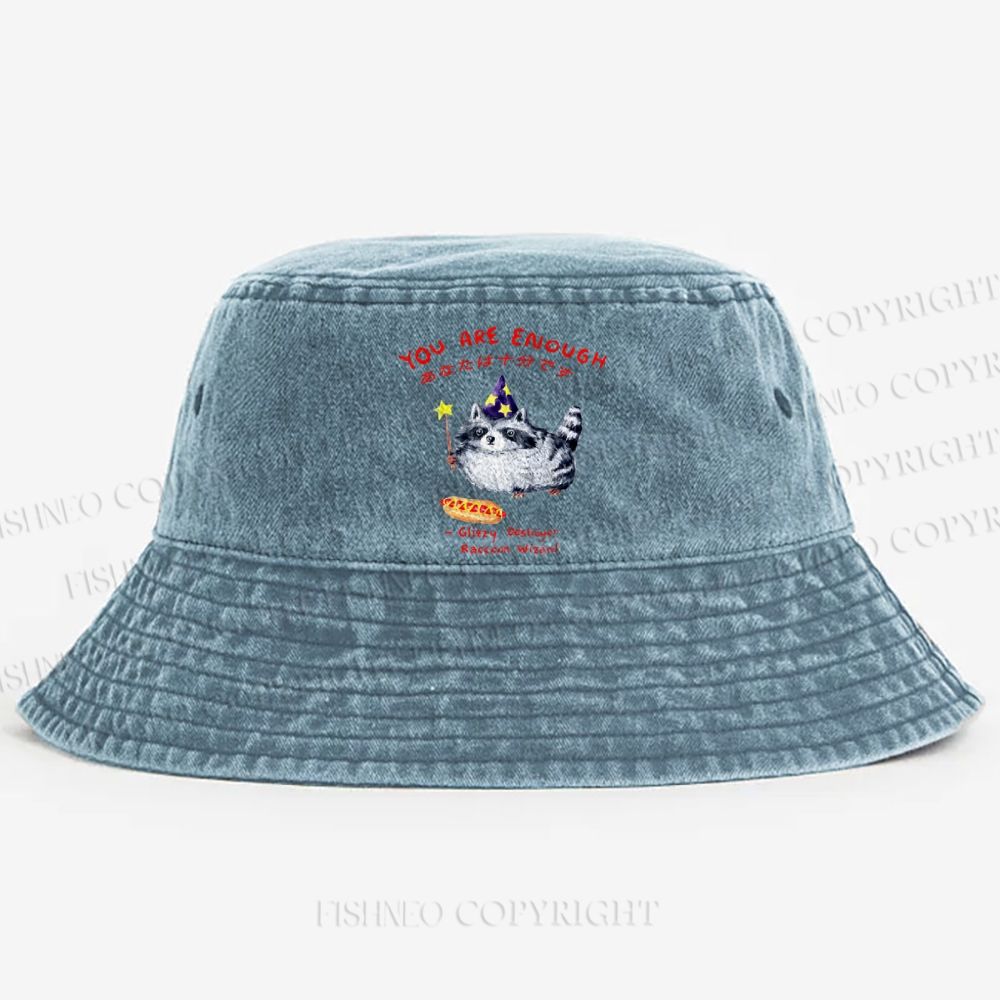 Raccoon Wizard You Are Enough Printed Washed Bucket Hat