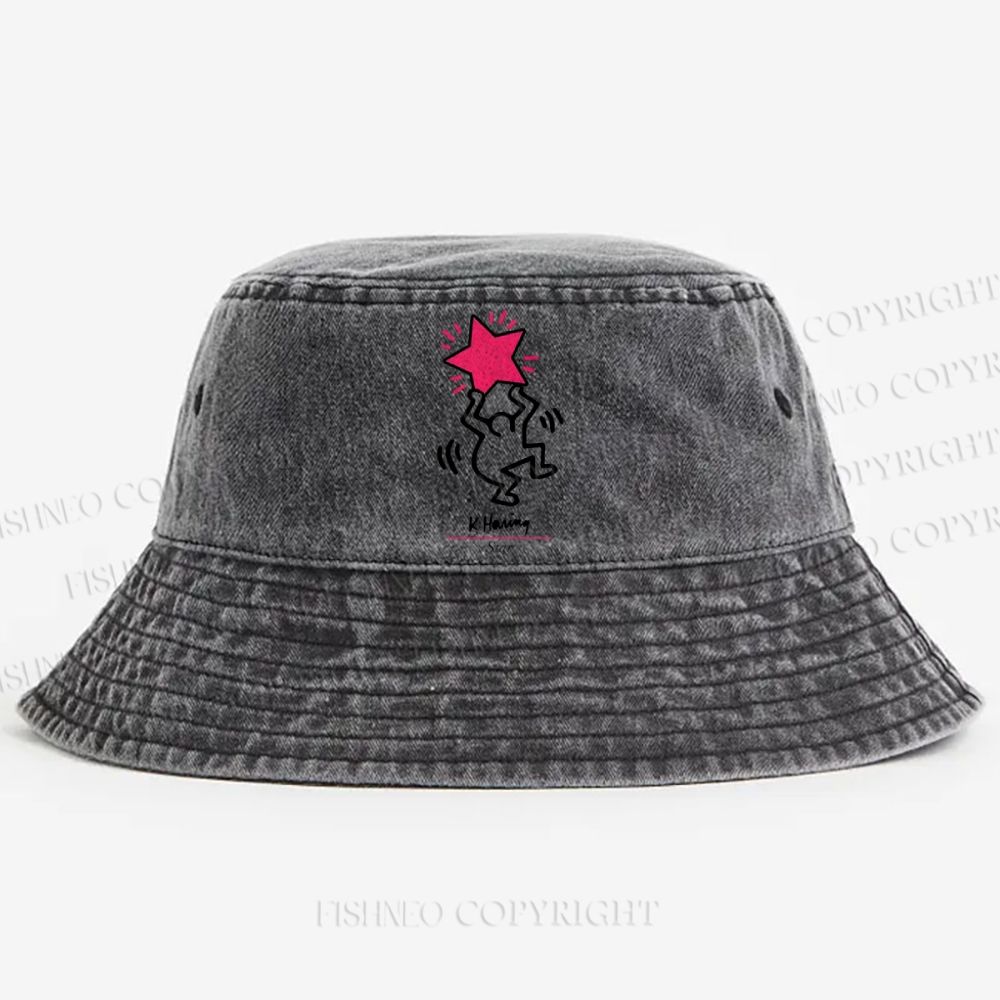 Pink star Keith Haring Washed Bucket Hat