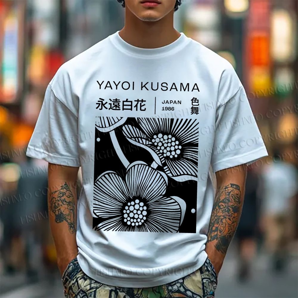 Unisex Classic Cotton Yayoi Kusama Black Flower Printed T-shirt