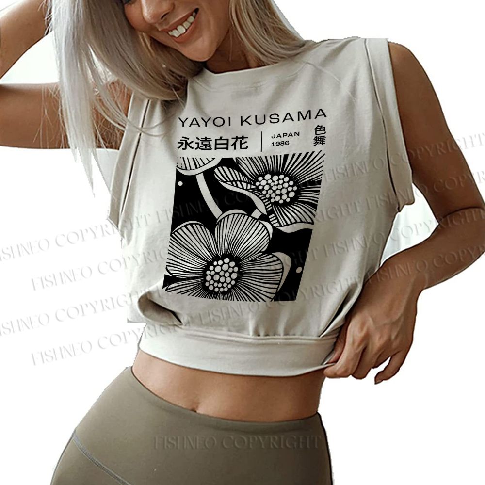 Yayoi Kusama Black Flower Sleeveless Crop Tops
