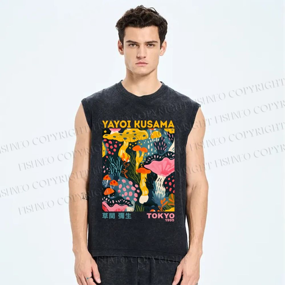 Unisex Yayoi Kusama Multicolor Mushroom Printed Washed Tank Top
