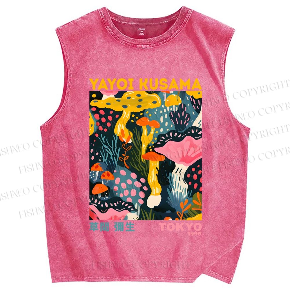 Unisex Yayoi Kusama Multicolor Mushroom Printed Washed Tank Top