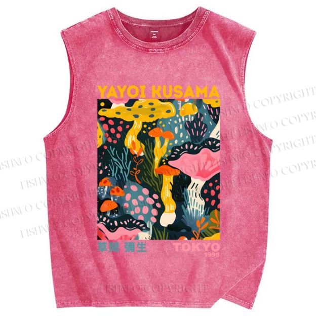 Unisex Yayoi Kusama Multicolor Mushroom Printed Washed Tank Top