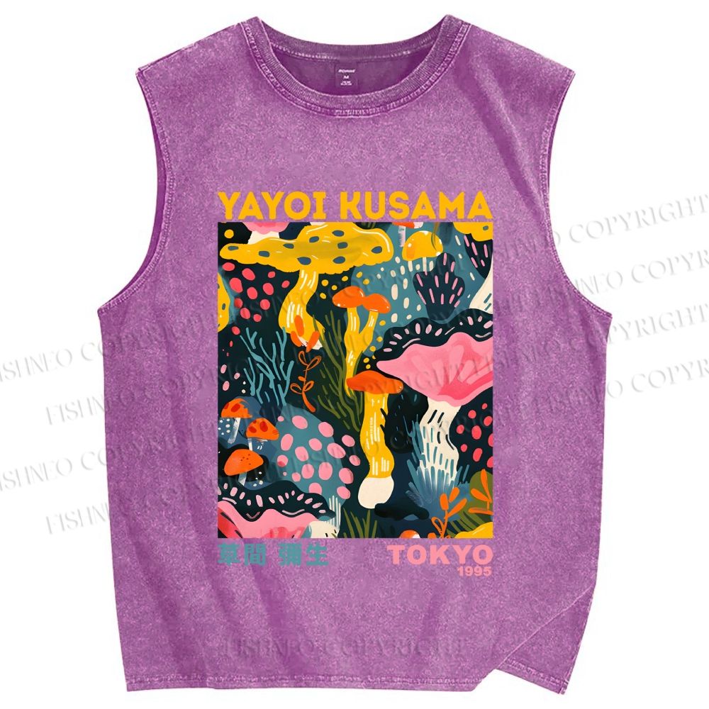 Unisex Yayoi Kusama Multicolor Mushroom Printed Washed Tank Top