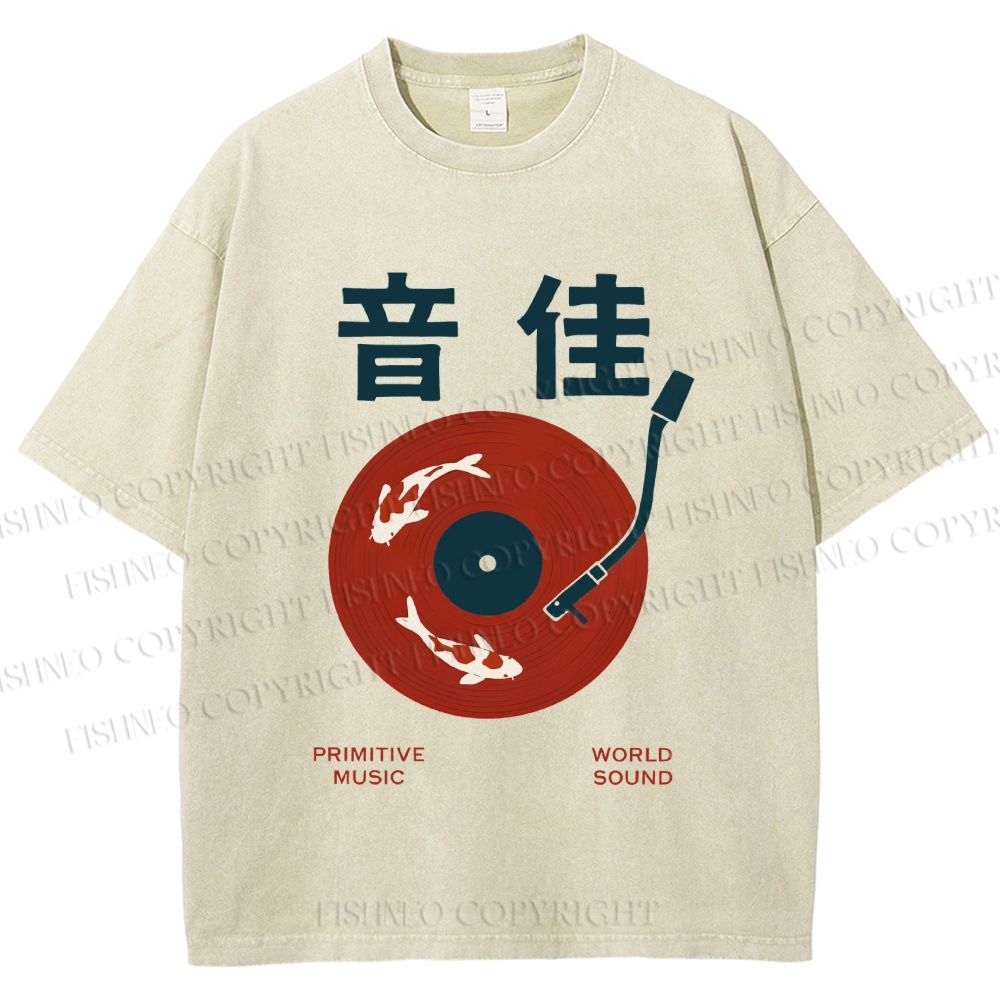 Unisex Japanese Koi Fish in Vinyl Record Printed Washed Tee