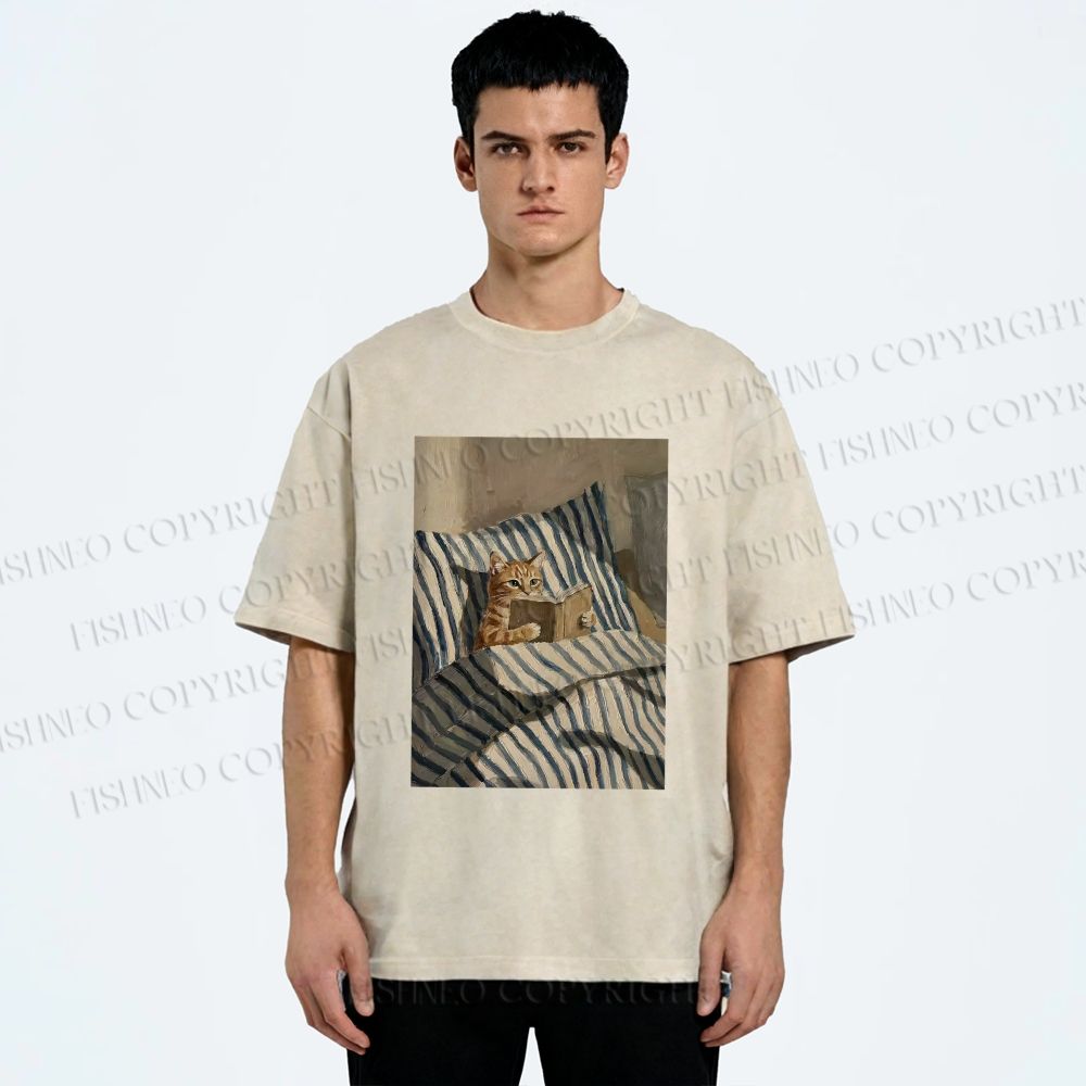 Unisex Reading Ginger Cat Printed Washed Tee