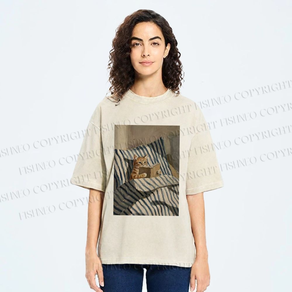 Unisex Reading Ginger Cat Printed Washed Tee