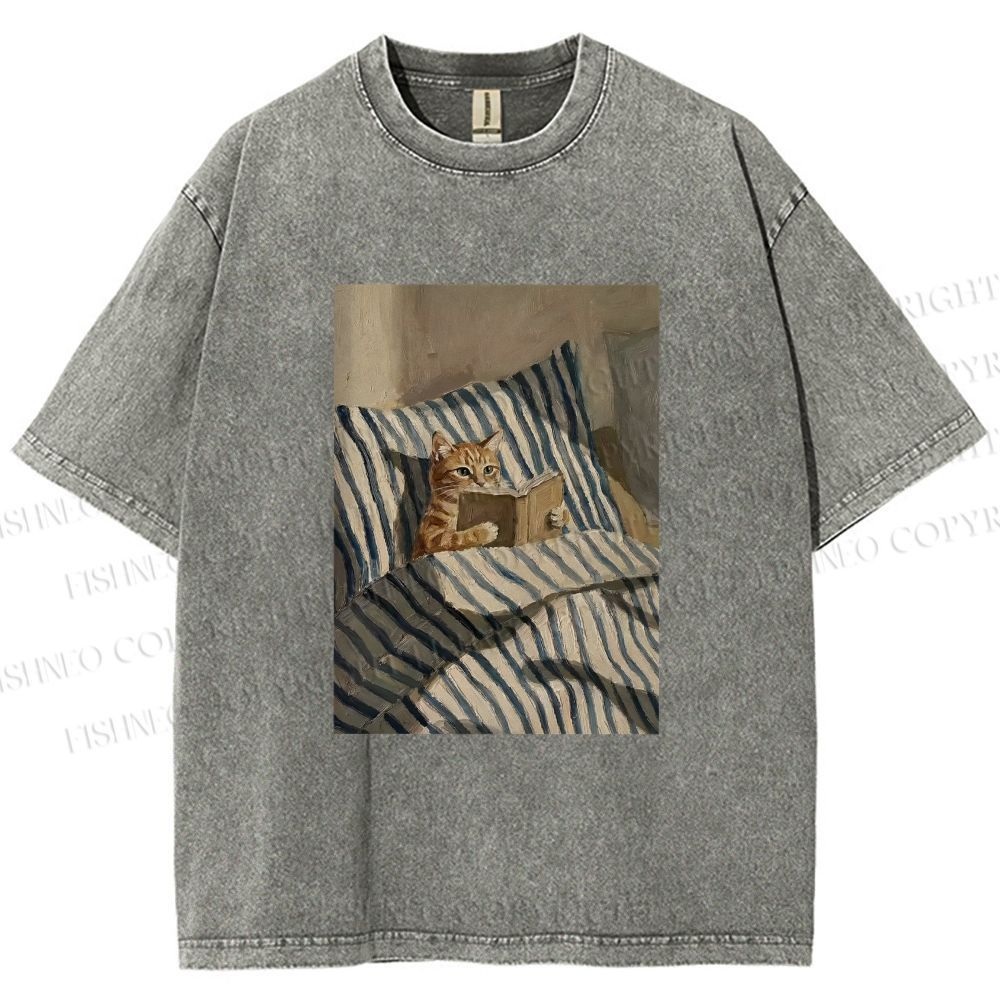 Unisex Reading Ginger Cat Printed Washed Tee