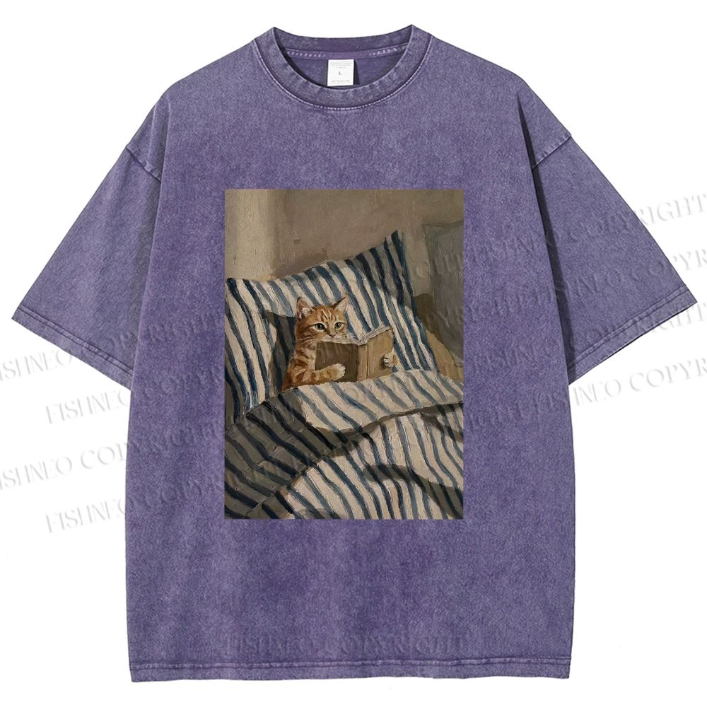 Unisex Reading Ginger Cat Printed Washed Tee