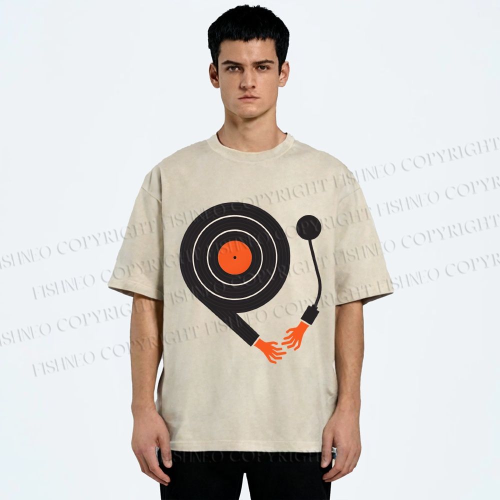 Unisex Vinyl Record Player Printed Washed Tee
