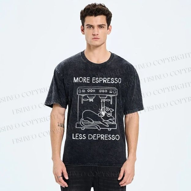 Unisex More Espresso Less Depresso Cat Printed Washed Tee