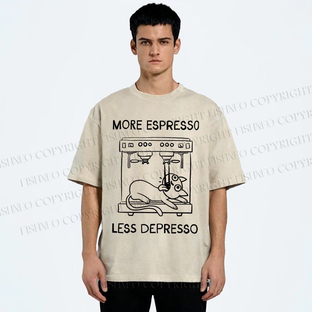 Unisex More Espresso Less Depresso Cat Printed Washed Tee