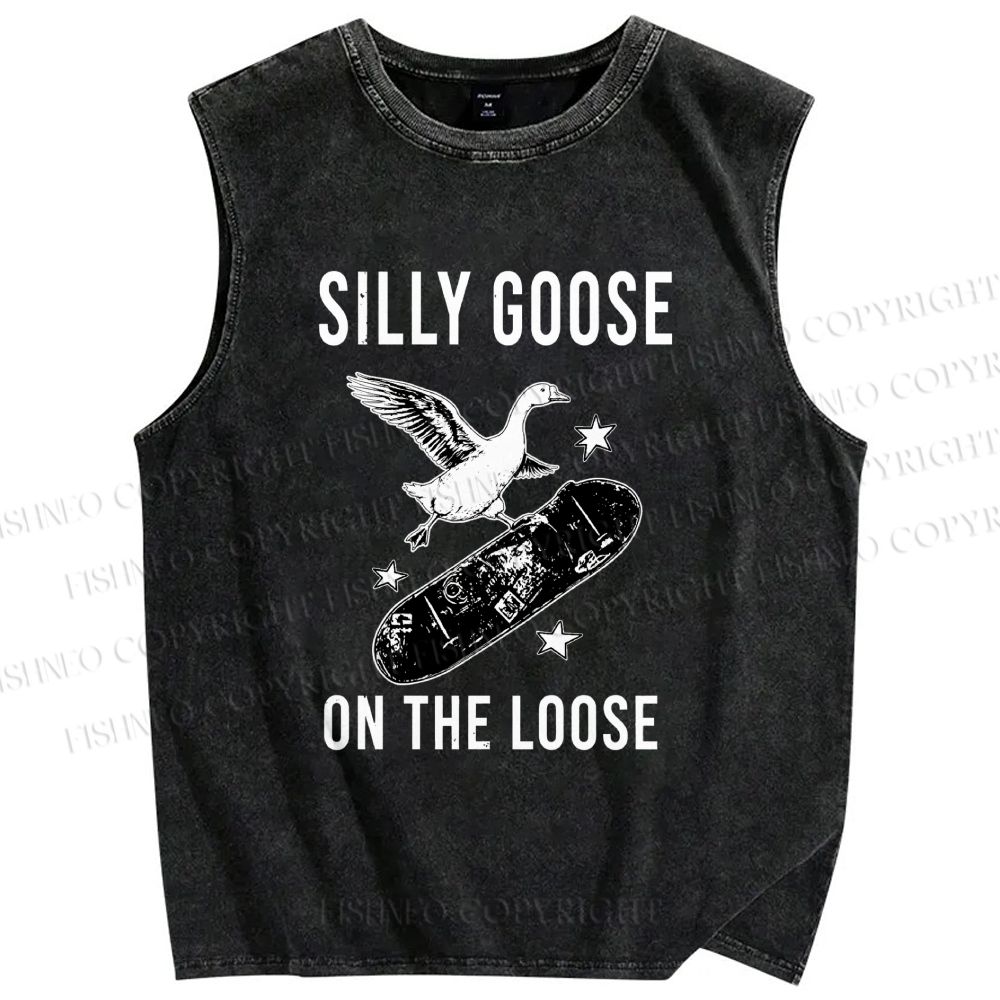 Unisex Cool Goose On Skateboard Printed Washed Tank Top