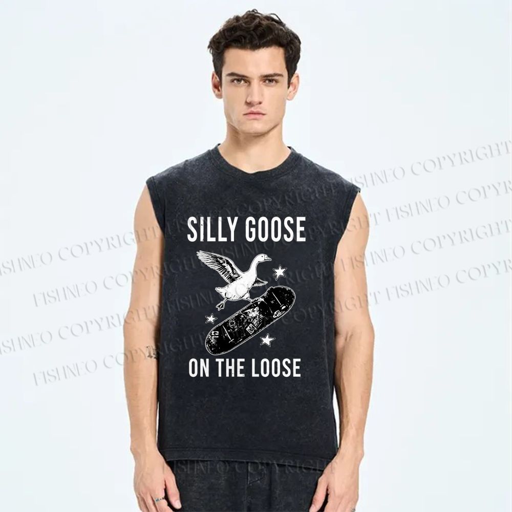 Unisex Cool Goose On Skateboard Printed Washed Tank Top
