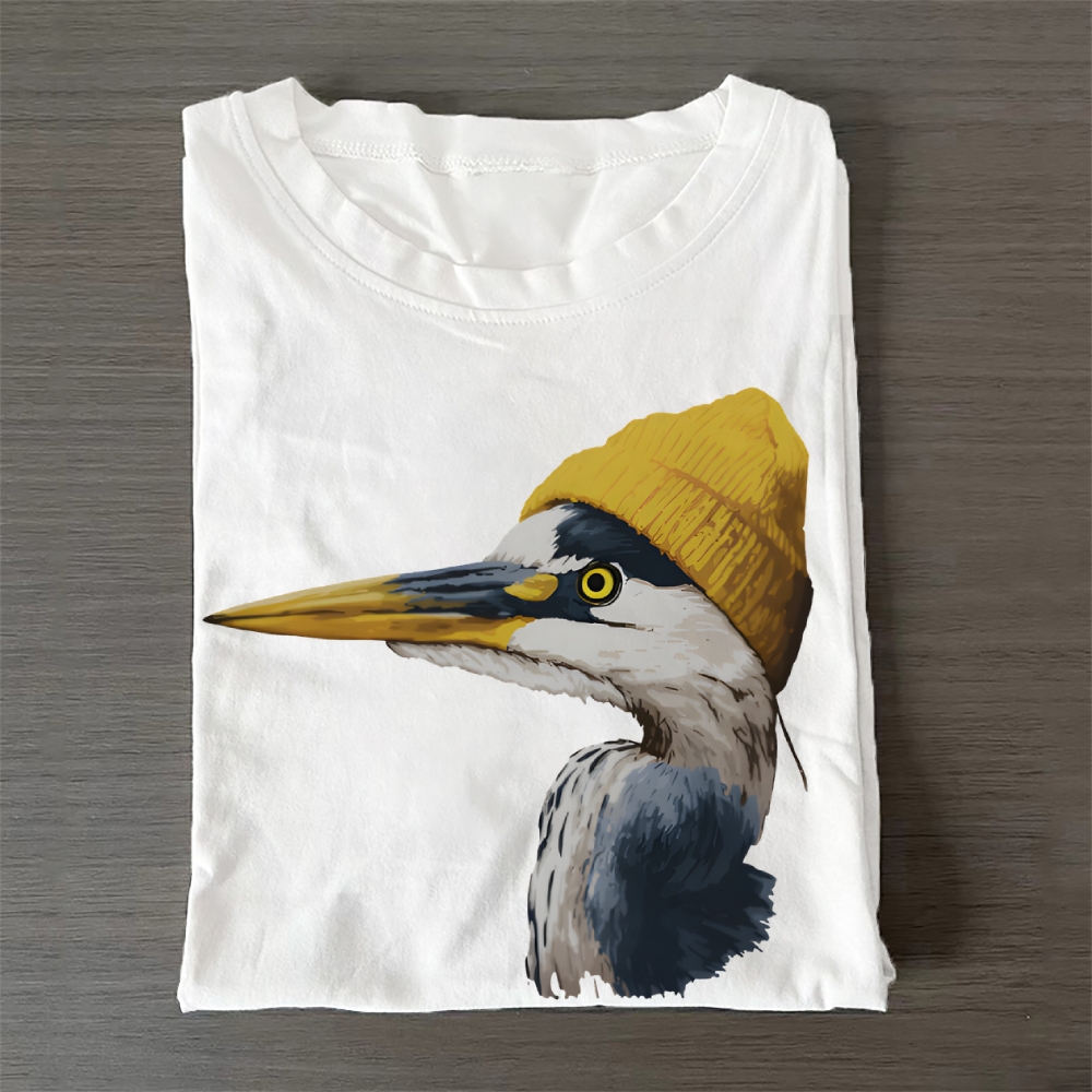 Unisex Classic Cotton Blue Heron Wearing Beanie Printed Folded T-shirt