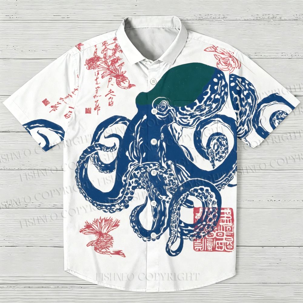 Blue Octopus Linocut Hawaiian Shirt