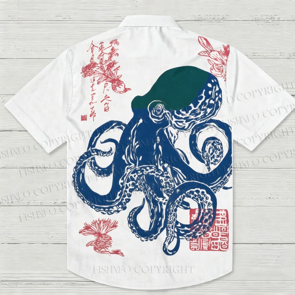 Blue Octopus Linocut Hawaiian Shirt