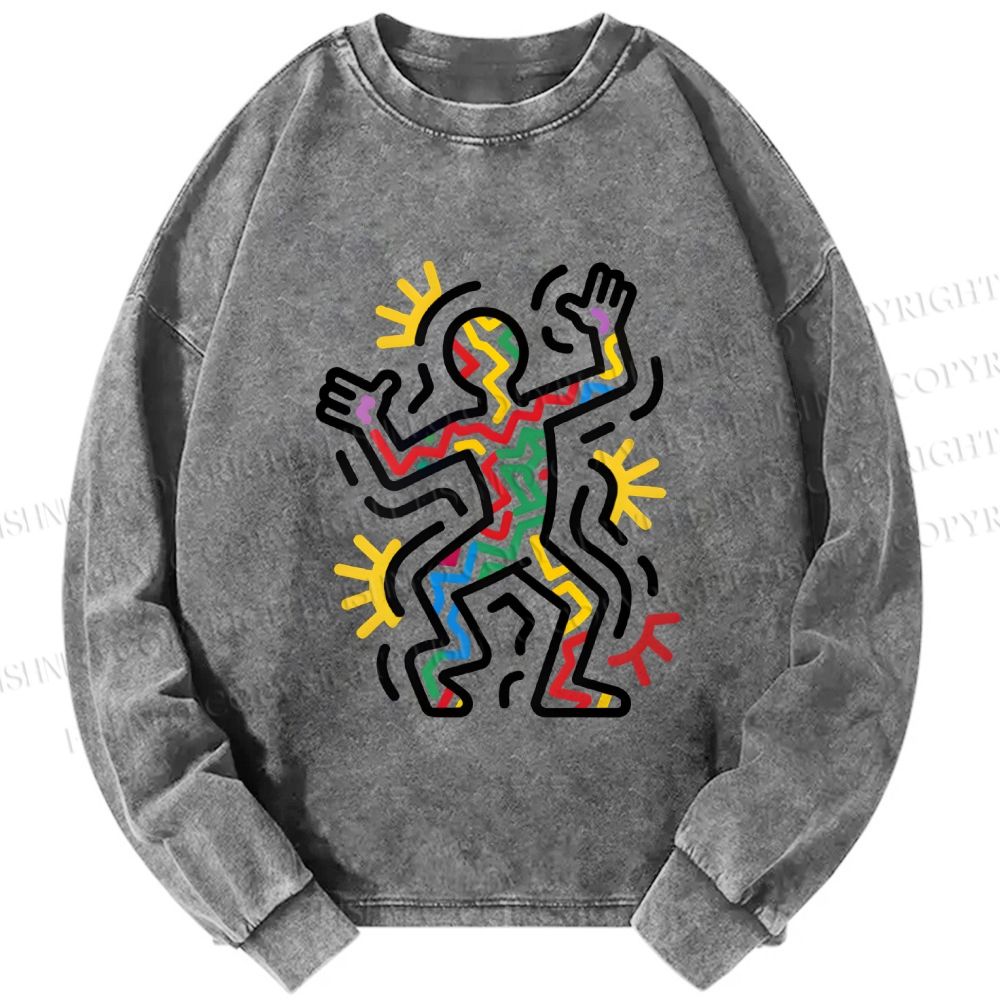 Unisex Casual Washed Keith Haring Dancing Printed Long Sleeve T-shirt