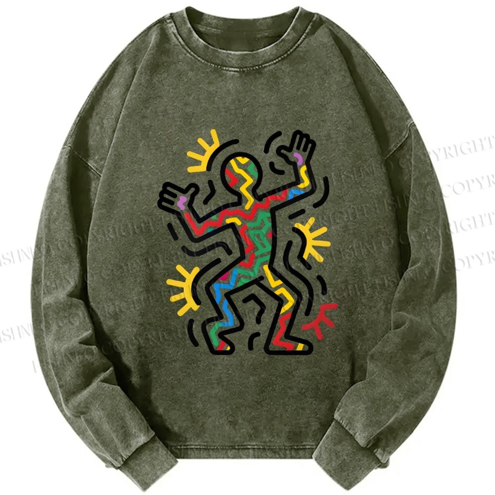 Unisex Casual Washed Keith Haring Dancing Printed Long Sleeve T-shirt