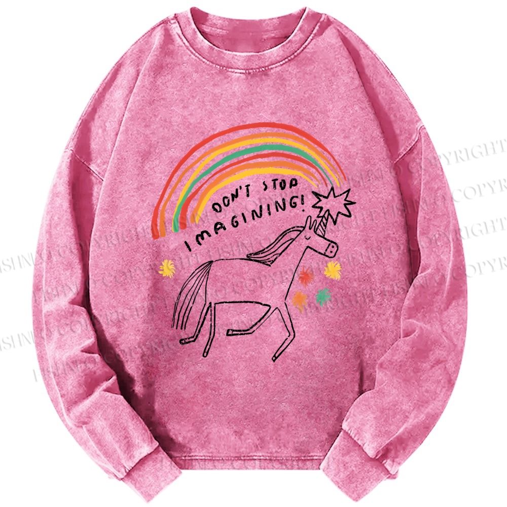 Unisex Casual Washed Imagining Unicorn Printed Long Sleeve T-shirt