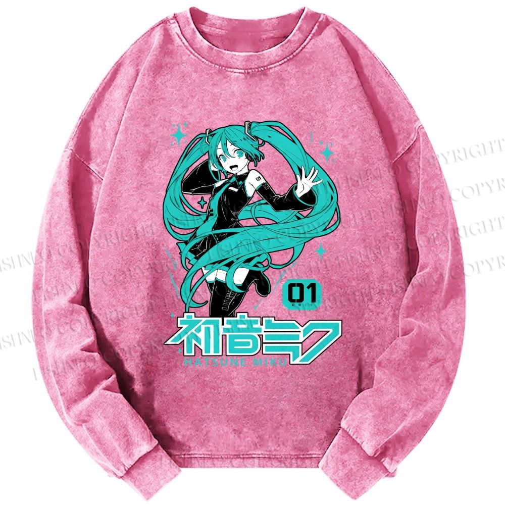 Unisex Casual Washed Hatsune Miku Printed Long Sleeve T-shirt