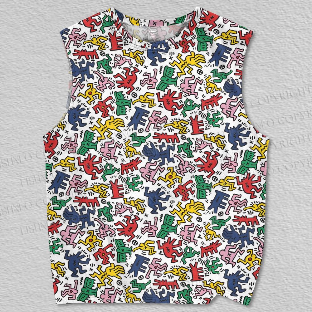 Unisex Keith Haring Dancing Figures Printed Tank Top