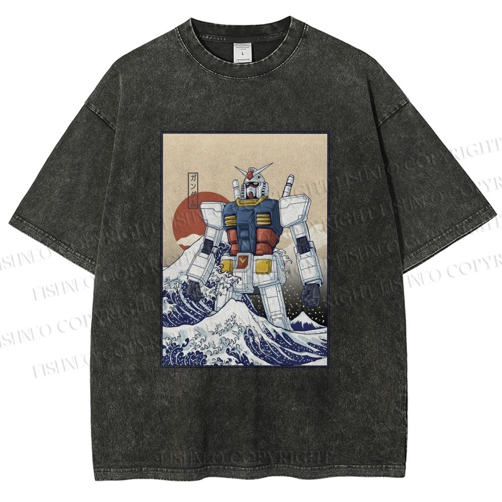 Unisex RX-78-2 Gundam Mobile Suit - Great Wave Off Kanagawa Printed Washed Tee