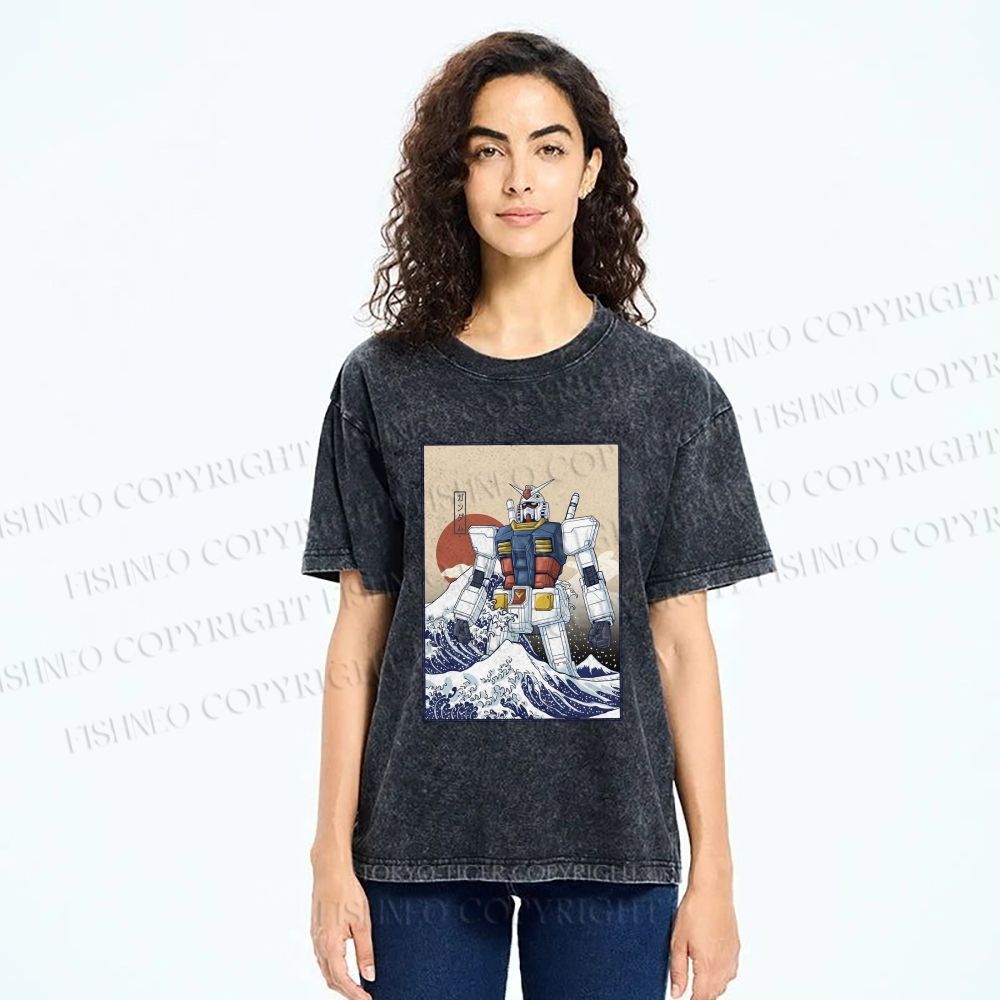 Unisex RX-78-2 Gundam Mobile Suit - Great Wave Off Kanagawa Printed Washed Tee
