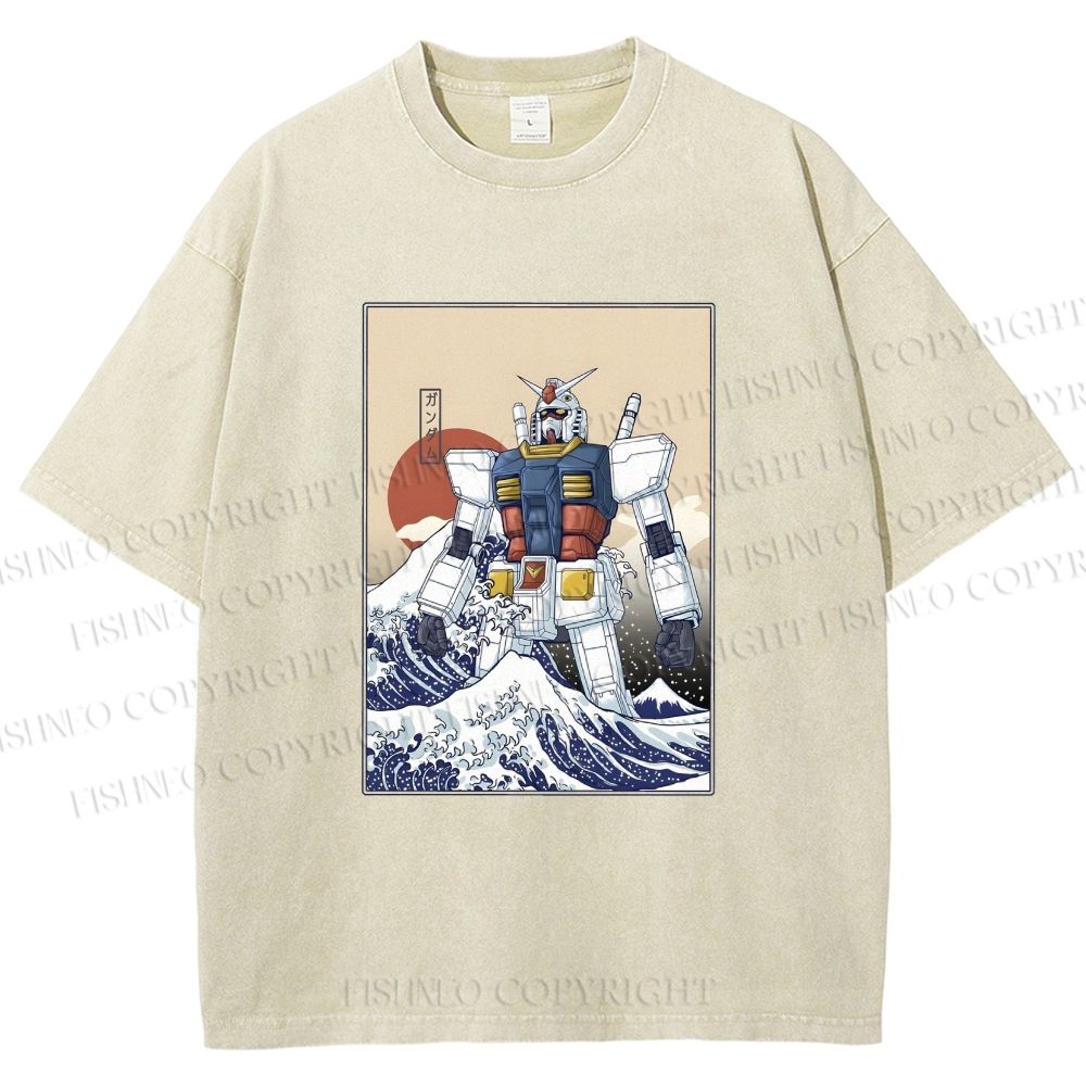 Unisex RX-78-2 Gundam Mobile Suit - Great Wave Off Kanagawa Printed Washed Tee
