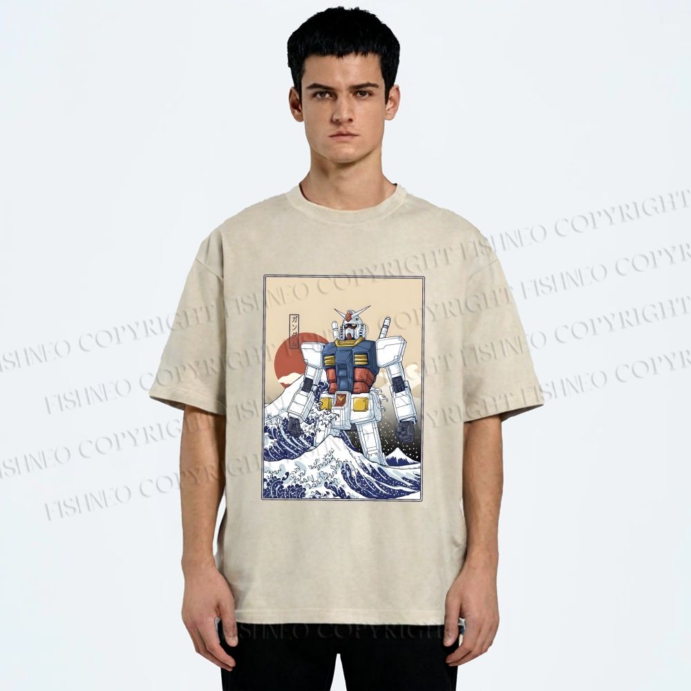 Unisex RX-78-2 Gundam Mobile Suit - Great Wave Off Kanagawa Printed Washed Tee