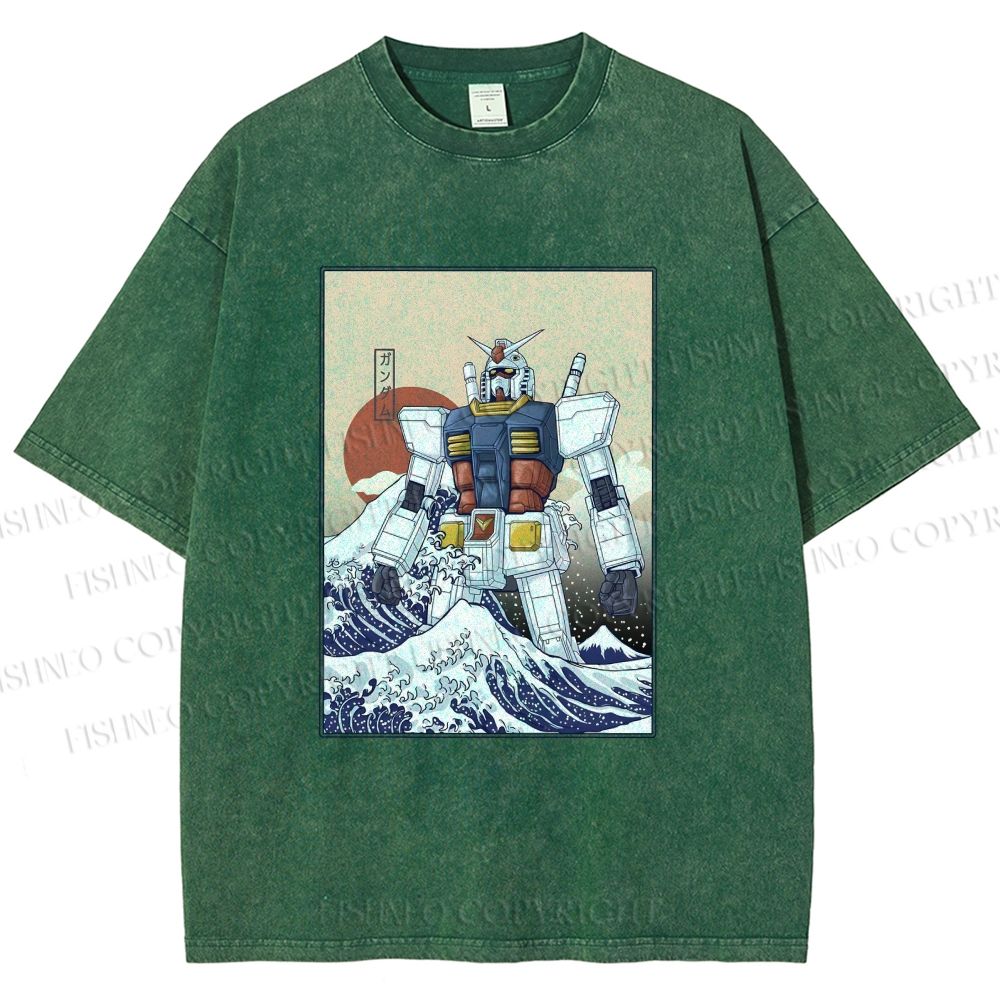 Unisex RX-78-2 Gundam Mobile Suit - Great Wave Off Kanagawa Printed Washed Tee