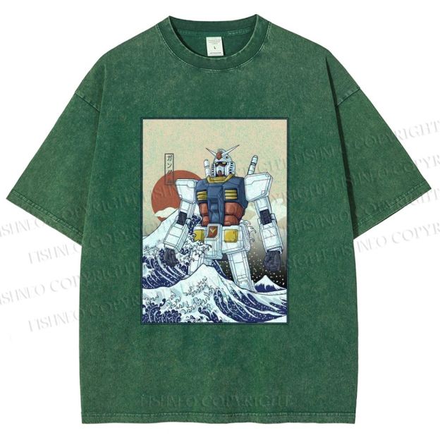 Unisex RX-78-2 Gundam Mobile Suit - Great Wave Off Kanagawa Printed Washed Tee