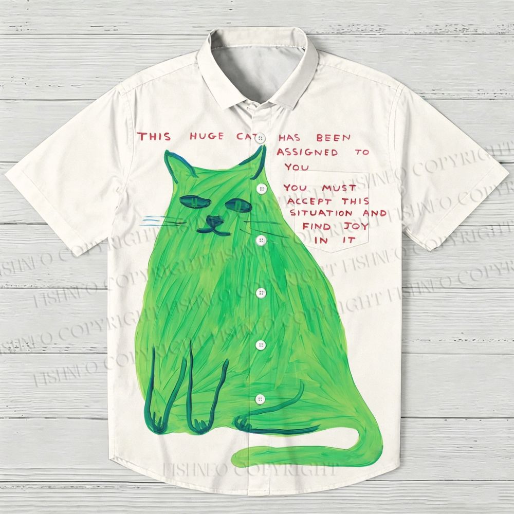 Green Cat Printed Hawaiian Shirt