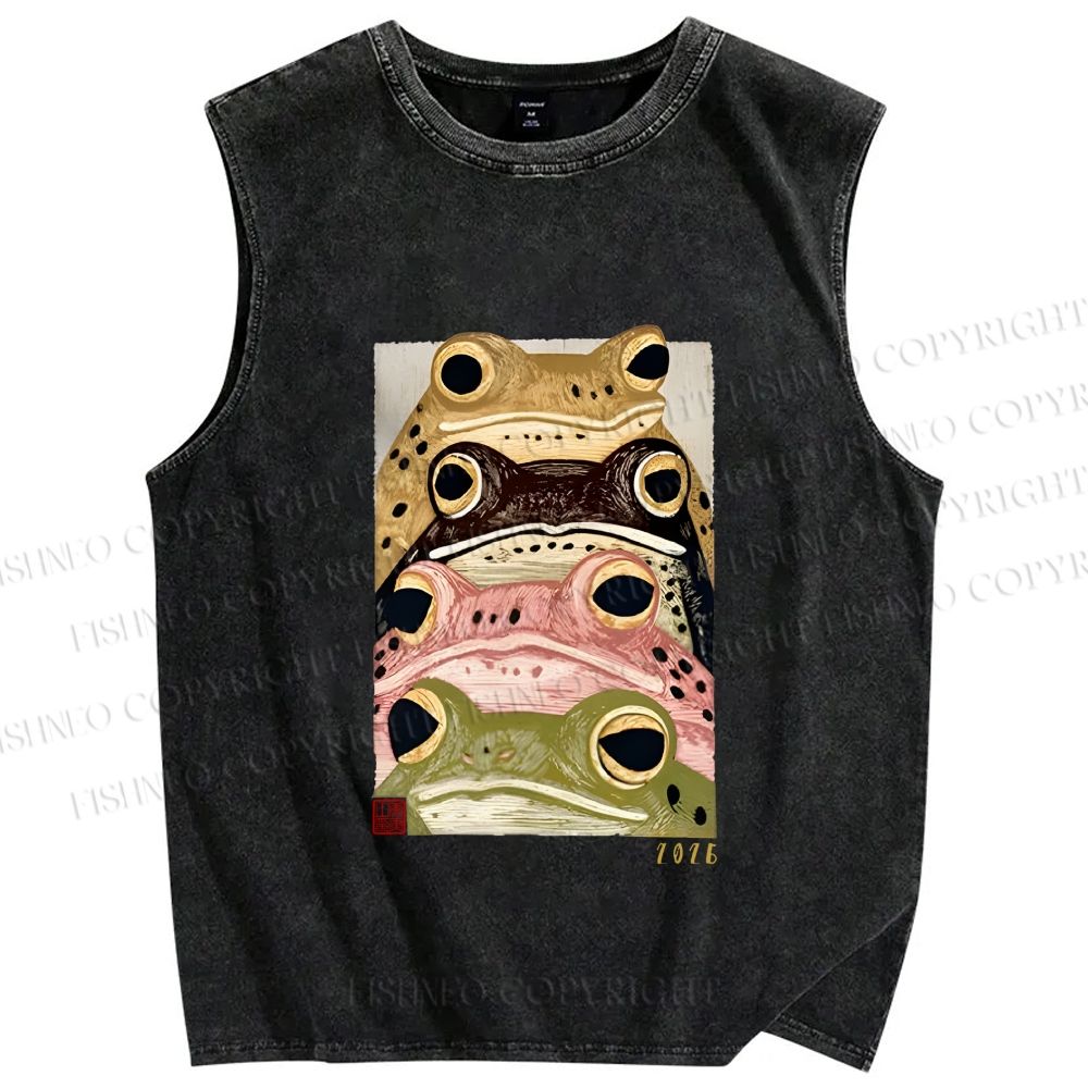 Unisex Whimsical Multi Colored Frog Art Printed Washed Tank Top