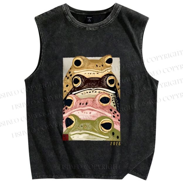 Unisex Whimsical Multi Colored Frog Art Printed Washed Tank Top