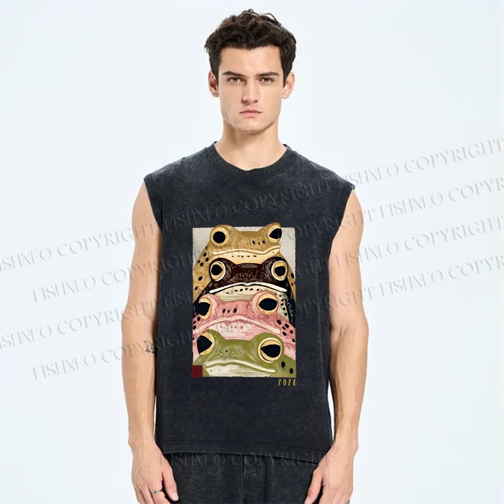 Unisex Whimsical Multi Colored Frog Art Printed Washed Tank Top
