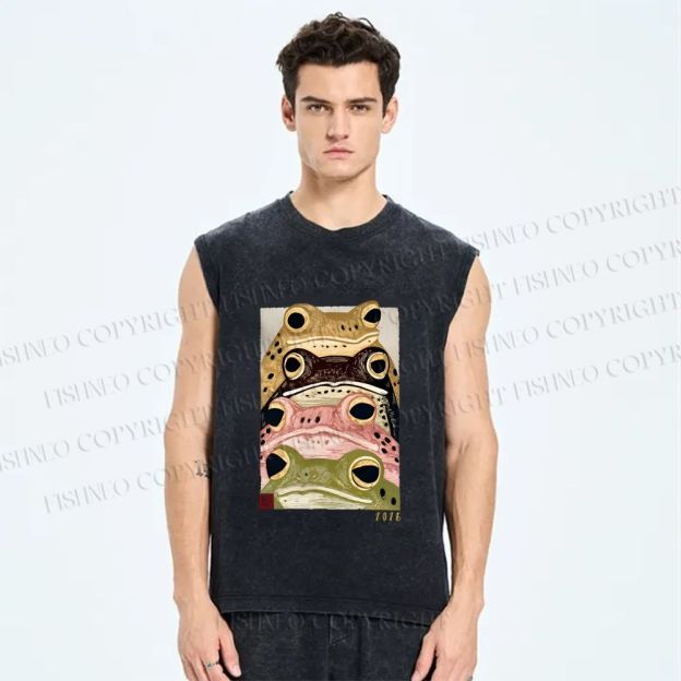 Unisex Whimsical Multi Colored Frog Art Printed Washed Tank Top