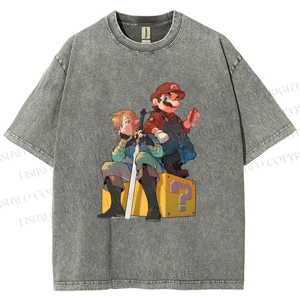 Unisex Link With Mario Printed Washed Tee