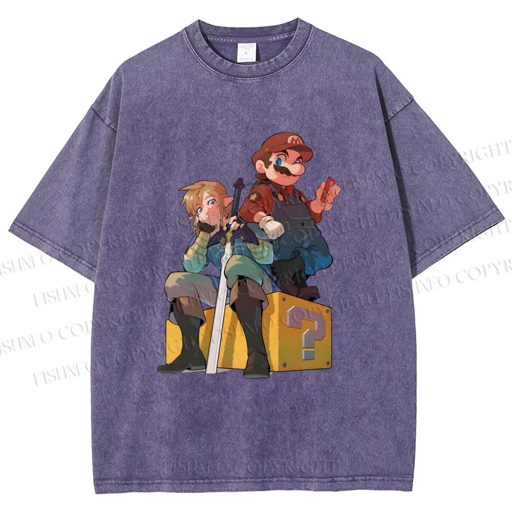 Unisex Link With Mario Printed Washed Tee