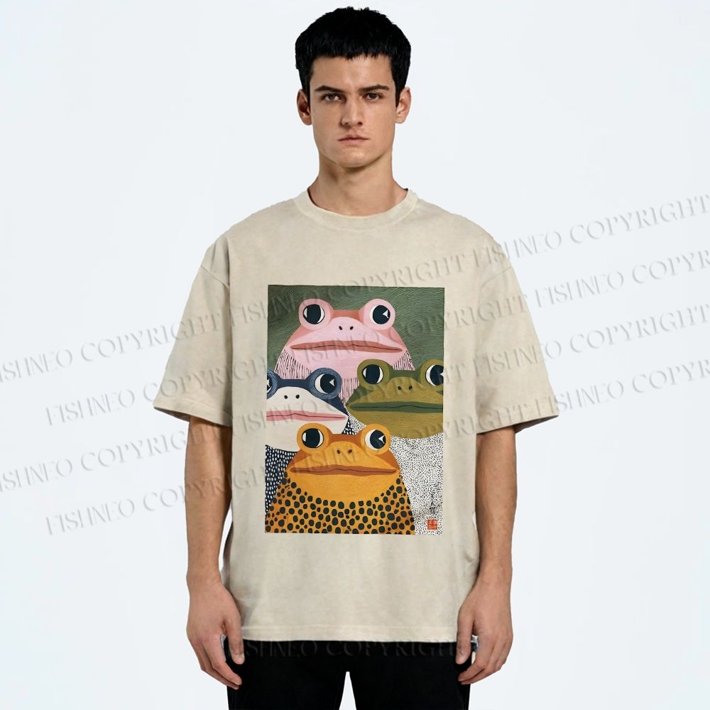 Unisex Japanese Frogs Printed Washed Tee