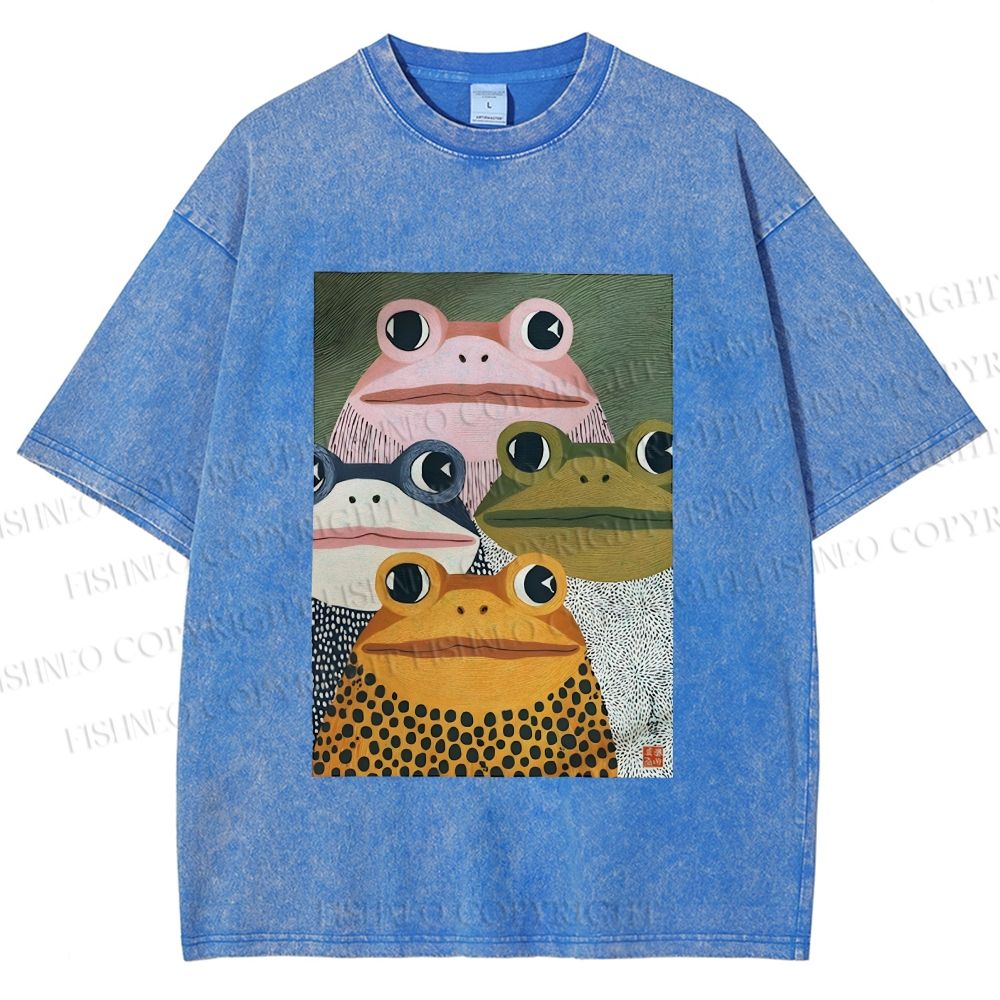 Unisex Japanese Frogs Printed Washed Tee