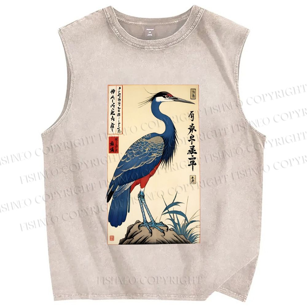 Unisex Colorful Crane Printed Washed Tank Top