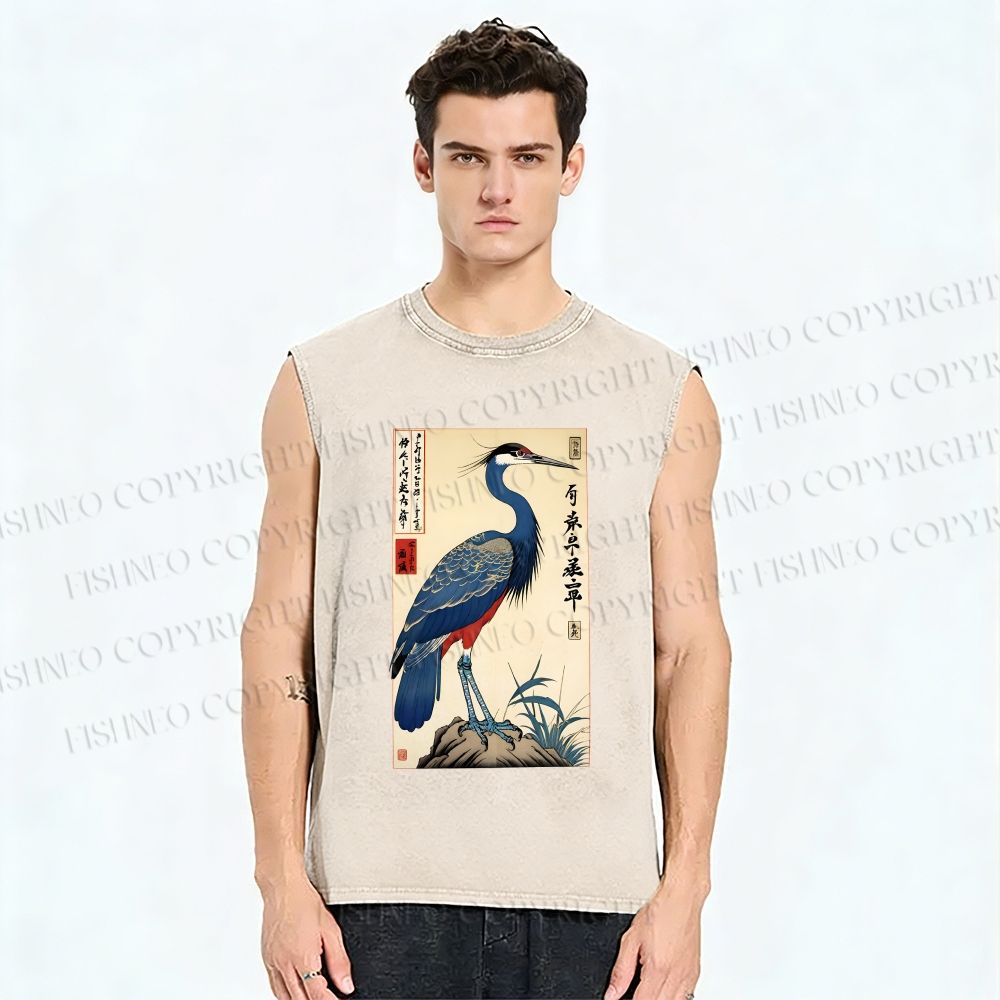 Unisex Colorful Crane Printed Washed Tank Top